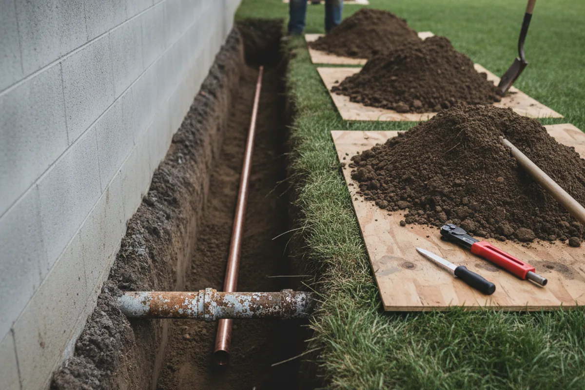 Excavated water line trench during Sewer Line Repair in Dolliver